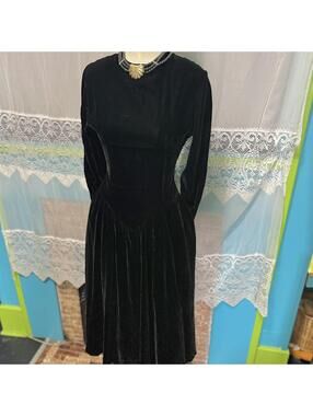 VTG Marvin Singer Depeche Mode Black Velvet 80s Victorian Goth Midi Dress size S
